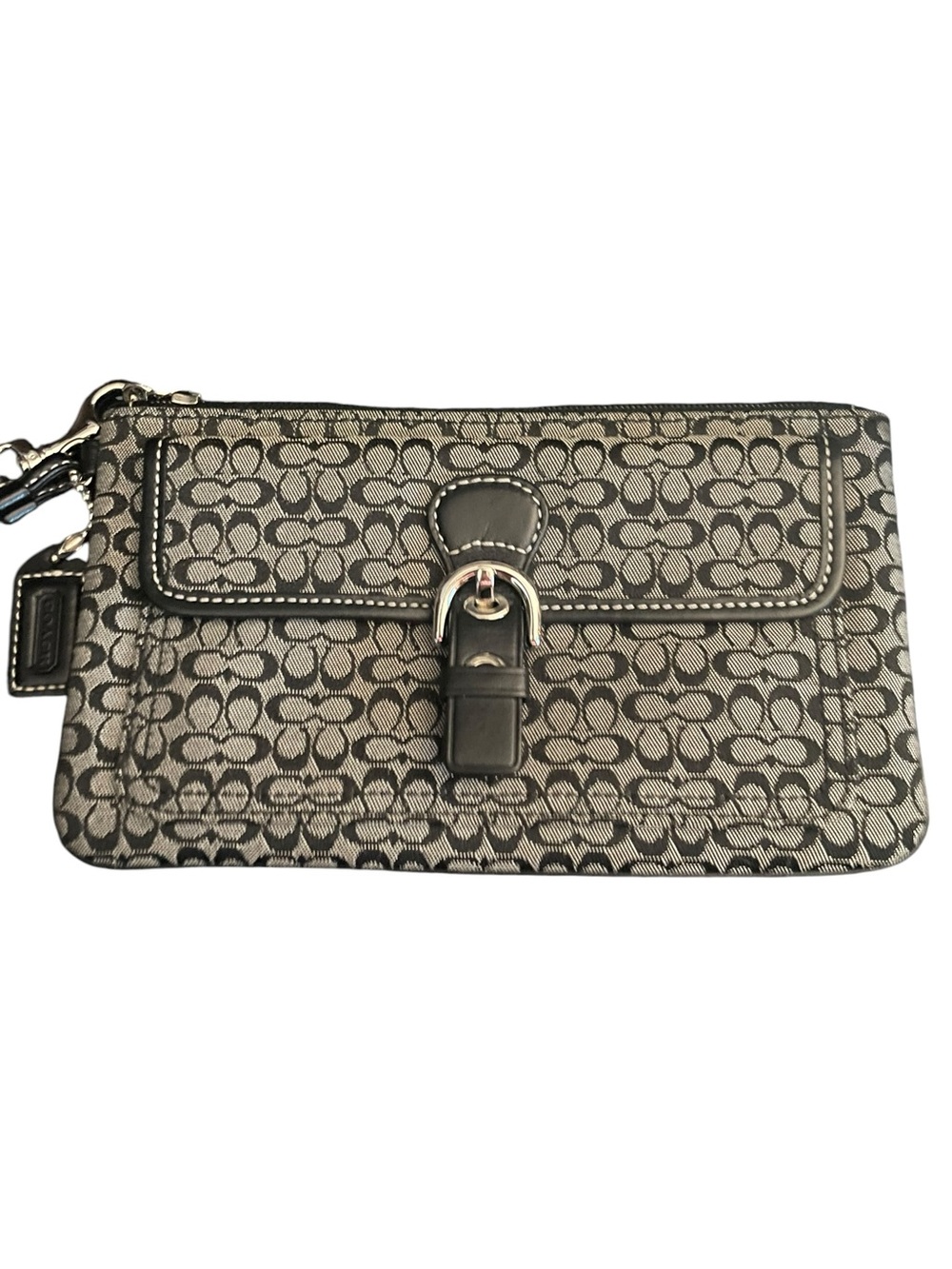 Coach Vintage Signature Jacquard Wristlet with Buckle Pocket – Black/Grey
